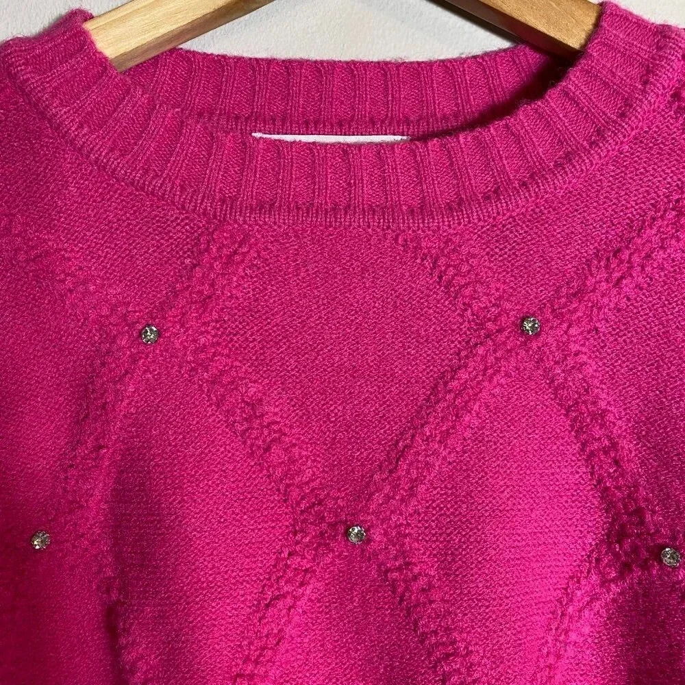NWT Nanette Lepore Bedazzled Cable Knit Crewneck Pullover Sweater Women's M Pink - Picture 7 of 14